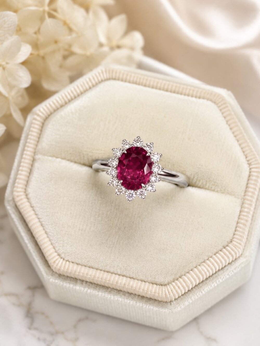 Pink Ruby Oval Halo Ring 14K White Gold Plated Size 7 NWT